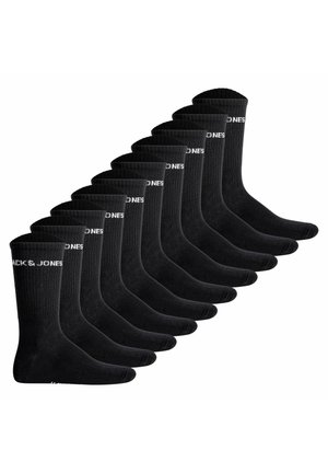 Ten pairs of black crew socks with ribbed texture and white "JACK & JONES" text on the cuffs arranged diagonally.