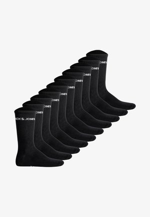 Zehn Paar schwarze Knöchelsocken mit geripptem Muster und weißem "JACK & JONES"-Schriftzug auf den Bündchen, diagonal angeordnet.