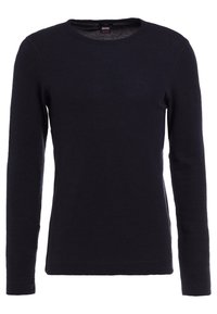 Mörkblå långärmad crew neck slim-fit tröja med en liten svart etikett inuti halsringningen.