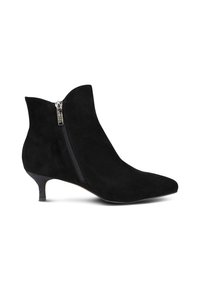Stivaletti neri in suede con punta affusolata, zip laterale e un piccolo tacco texturizzato. Texture liscia con silhouette elegante.