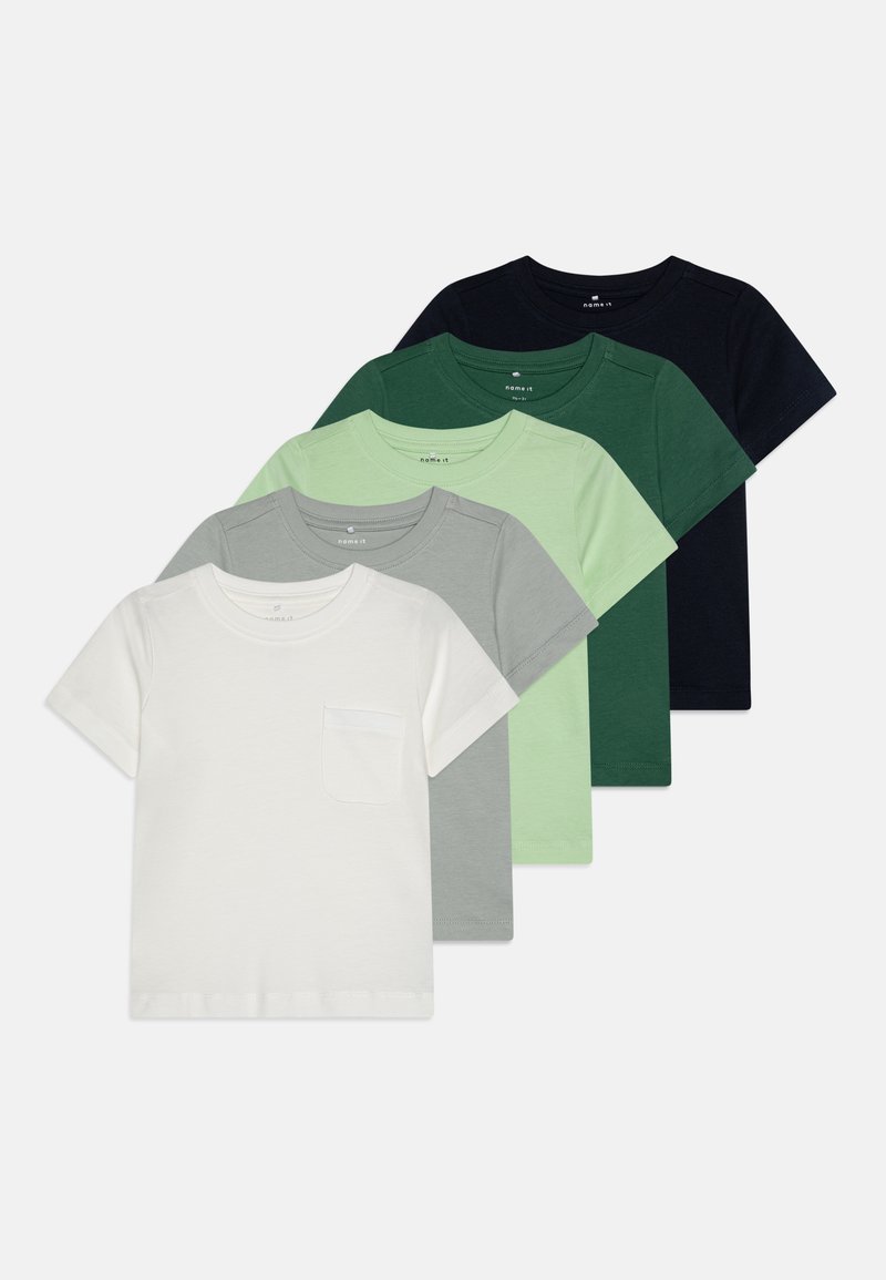 Five short-sleeve T-shirts in a gradient of colors: white, light green, gray, dark green, and navy. Each features a crew neckline and a pocket.