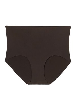 Bruine hoge taille slip met een gladde textuur, volledige bedekking en afgeronde beenopeningen. Het naadloze ontwerp verhoogt het comfort en de pasvorm.