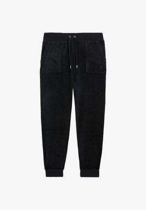 Pantalons de survêtement noirs en matériau doux, dotés d'une taille avec cordon de serrage, de deux poches avant et de poignets élastiques aux chevilles.