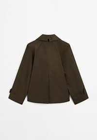 Veste légère vert foncé vue de dos avec manches longues, un col et des brides boutonnées aux poignets et au col.
