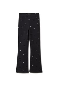 Zwarte leggings gemaakt van zachte stof met een lichte rek, voorzien van een verspreid patroon van blauwe hartjes en een gladde tailleband.