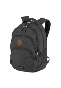 Dunkelgrauer Rucksack mit mehreren Fächern, einer vorderen Tasche, strukturiertem Stoff, seitlichen Netztaschen und einem braunen Diamant-Logo.