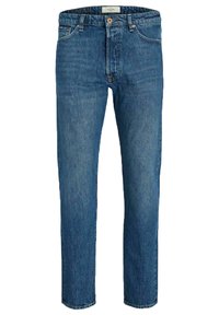 Jeans i denim med middels høyde, med en klassisk blå nyanse, rett ben-design, subtil falming og fem lomme-stil.