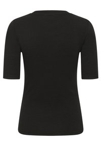 Zwarte kortekousen strak shirt met een ronde halslijn, getoond vanuit de achterkant op een plain witte achtergrond.