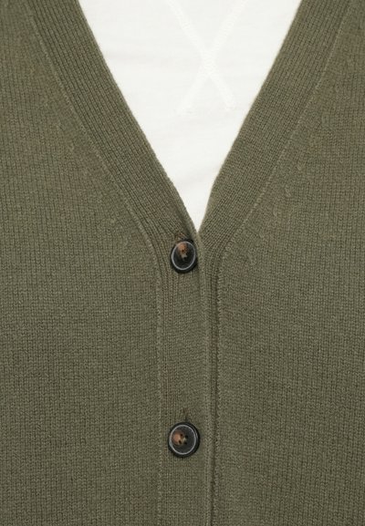 Olive green cardigan with a V-neck design, ribbed texture, and two black buttons at the front, layered over a white shirt.