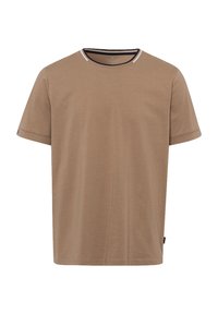 Brązowy bawełniany t-shirt z okrągłym dekoltem, krótkimi rękawami i kontrastowym, paskowanym kołnierzykiem. Prosty design, lekki materiał i brak wzorów.