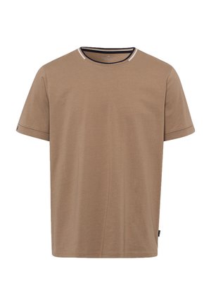 Brązowy bawełniany t-shirt z okrągłym dekoltem, krótkimi rękawami i kontrastowym, paskowanym kołnierzykiem. Prosty design, lekki materiał i brak wzorów.