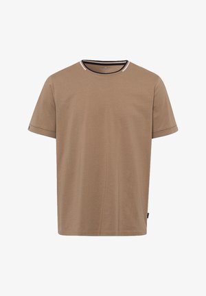 Brązowy bawełniany t-shirt z okrągłym dekoltem, krótkimi rękawami i kontrastowym, paskowanym kołnierzykiem. Prosty design, lekki materiał i brak wzorów.