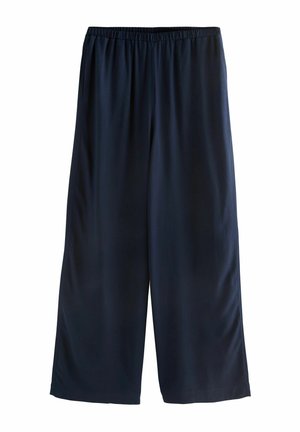 Navy wijde broek van gladde stof met een elastische tailleband. Heeft een ontspannen snit en geen zichtbare patronen of hardware.