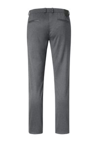 Gray tailored trousers with a structured fit, featuring two back pockets and a smooth texture. The waistband includes a subtle logo accent.
