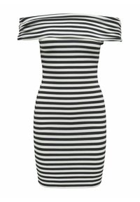 Mustavalkoinen vaakaraitainen olkapäät paljastava vartalonmyötäinen mekko, jossa on taittokaulus, polvipituinen, yksivärisellä taustalla.