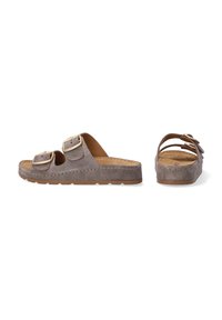 Gray suede sandals with two adjustable buckles, contoured cork footbed, and a textured rubber outsole featuring a wave pattern.