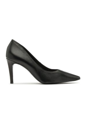 Czarne skórzane szpilki z wąskim noskiem, smukłym obcasem typu stiletto i gładką fakturą. Posiadają elegancki kształt i bezszwową konstrukcję.
