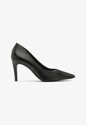 Czarne skórzane szpilki z wąskim noskiem, smukłym obcasem typu stiletto i gładką fakturą. Posiadają elegancki kształt i bezszwową konstrukcję.