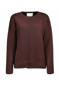 Bordeauxrode gebreide trui met een ronde hals, afgezakte schouders en een geribde zoom. Heeft subtiele naaddetails aan de voorkant.