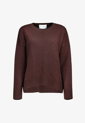 Maglione bordeaux lavorato a maglia con scollo rotondo, spalle scese e bordo a coste. Presenta sottili dettagli di cuciture sulla parte anteriore.