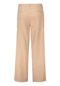 Beige wijde corduroybroek met verticale ribbels, twee achterzakken en een zachte textuur. Gevormde tailleband met lussen voor een riem.