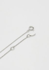 Silver kedja halsband med små runda länkar, en klo-lås och en dekorativ oval charm med "FOSSIL" ingraverat.
