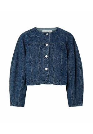 Tumši zila džinsa jaka ar ziedu izšuvumiem, apaļu izgriezumu, sudraba pogām priekšpusē un garām piedurknēm.