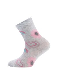 Graue Socke mit pinken Blumen, einem schwarzen Zentrum und bunten Herzen. Hergestellt aus weichem Material mit einem gerippten oberen Rand.