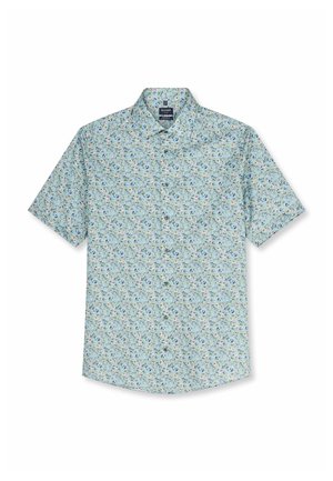 Chemise à manches courtes boutonnée en tissu bleu clair avec un petit motif floral multicolore, col et boutons sur le devant.