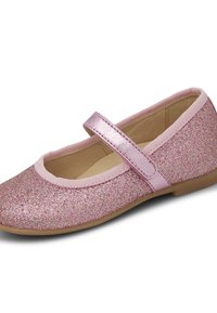 Růžové třpytivé baletky s kovovým páskem, kulatou špičkou a polstrovanou stélkou. Design obsahuje měkkou látkovou podšívku.
