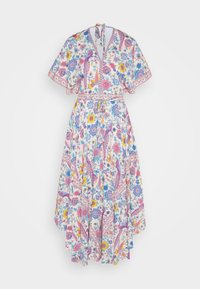Blumiges Maxikleid mit V-Ausschnitt, kurzen, schwingenden Ärmeln, tailliertem Bund und gestuftem Rock. Es zeigt bunte Muster von Blumen und Vögeln.