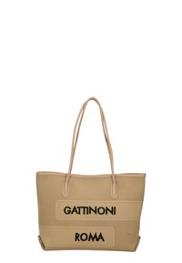 Borsa tote beige realizzata in materiale perforato, con due evidenti accenti testuali neri "GATTINONI" e "ROMA". Manici lisci per un facile trasporto.