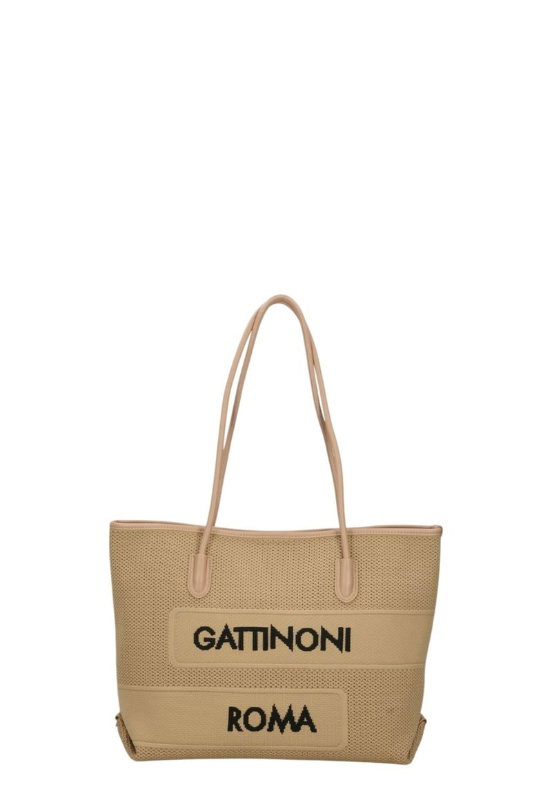 Borsa tote beige realizzata in materiale perforato, con due evidenti accenti testuali neri "GATTINONI" e "ROMA". Manici lisci per un facile trasporto.