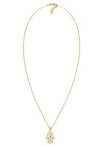 Goldkette mit einem Hamsa-Hand-Anhänger, geschmückt mit blauen und klaren Kristallen. Detailliertes Design mit komplizierten Mustern.