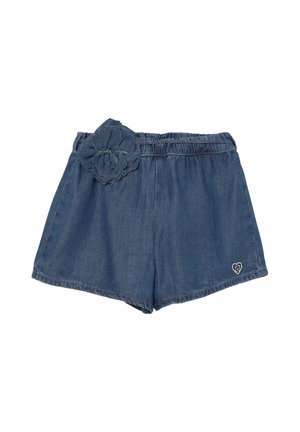 Shorts di jeans con vita elasticizzata, decorati con un grande fiore di stoffa sul lato sinistro e un piccolo logo a forma di cuore sulla gamba destra.