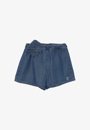 Shorts di jeans con vita elasticizzata, decorati con un grande fiore di stoffa sul lato sinistro e un piccolo logo a forma di cuore sulla gamba destra.