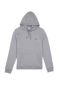 Grå hoodie gjord av mjukt tyg, med en framficka, justerbar dragkedja på huvan och en liten pingvinlogotyp på bröstet.