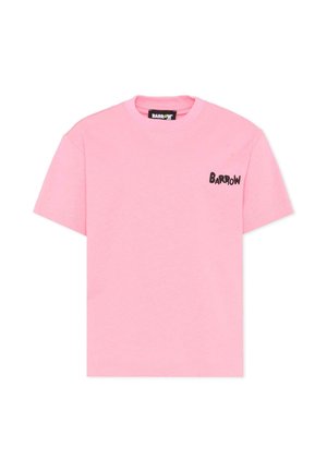 Różowy T-shirt z krótkim rękawem z czarnym logo „BARROW” nadrukowanym na lewej piersi oraz okrągłym dekoltem.