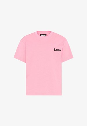 Różowy T-shirt z krótkim rękawem z czarnym logo „BARROW” nadrukowanym na lewej piersi oraz okrągłym dekoltem.