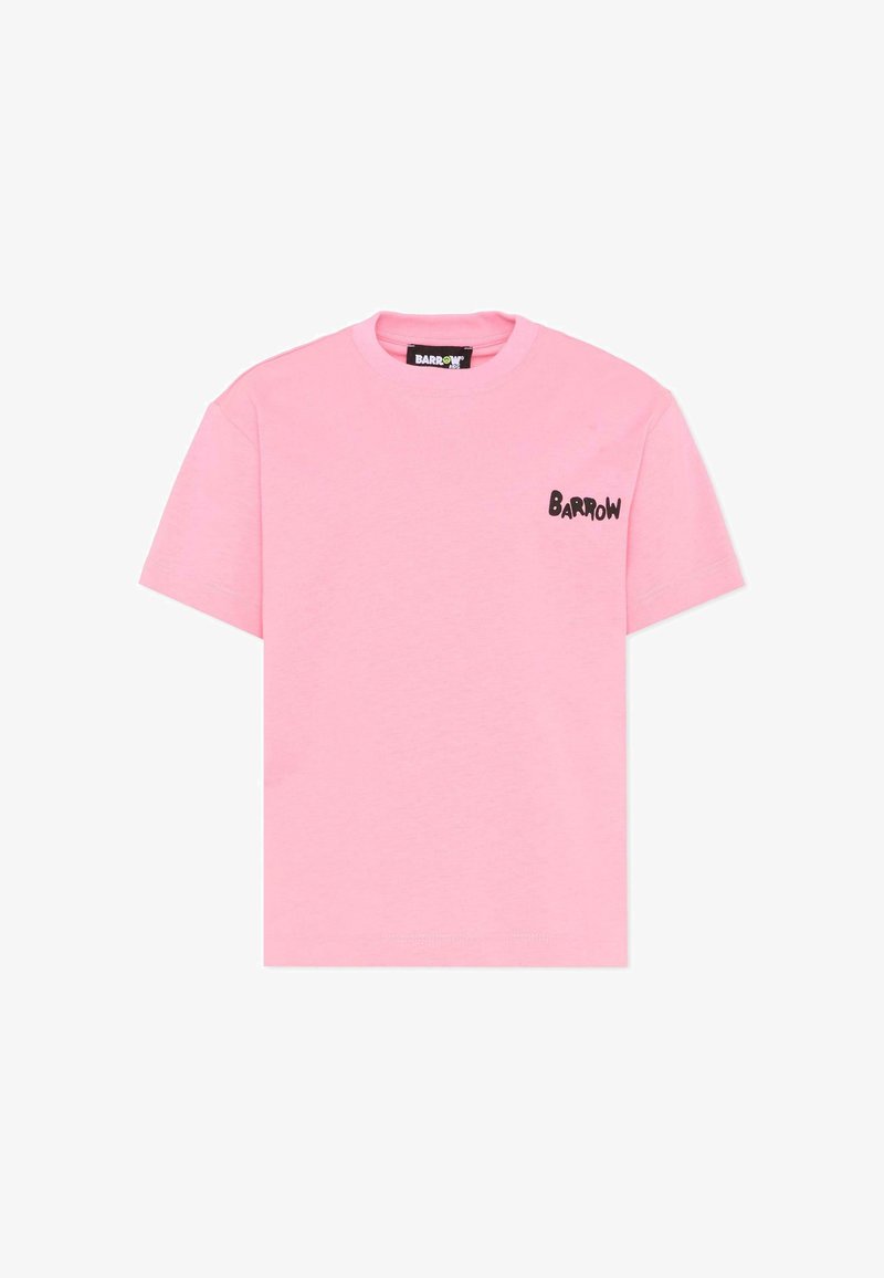 Różowy T-shirt z krótkim rękawem z czarnym logo „BARROW” nadrukowanym na lewej piersi oraz okrągłym dekoltem.