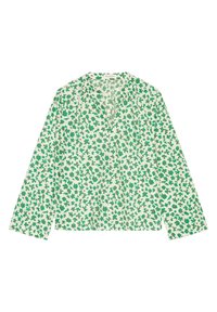 Blouse à manches longues en tissu crème avec un motif floral vert. Dotée d'un décolleté en V et d'une coupe décontractée. Texture douce avec un design léger.