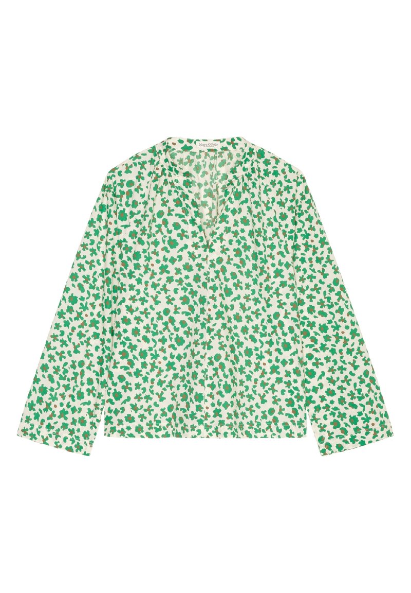 Blouse à manches longues en tissu crème avec un motif floral vert. Dotée d'un décolleté en V et d'une coupe décontractée. Texture douce avec un design léger.