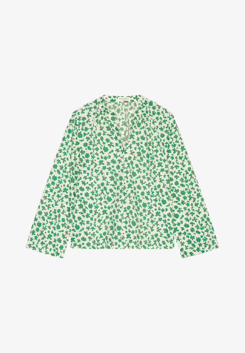 Blouse à manches longues en tissu crème avec un motif floral vert. Dotée d'un décolleté en V et d'une coupe décontractée. Texture douce avec un design léger.