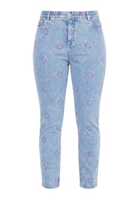 Jean en denim bleu clair à taille haute avec des motifs roses en forme de soleil dispersés sur le tissu, comportant des poches avant et une fermeture par bouton.