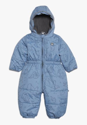 Blauer Baby-Schneeanzug mit Kapuze, Frontreißverschluss, elastischer Taille und Bündchen, mit geometrischen Tiermustern.