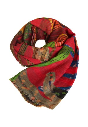 Colorful scarf featuring a vibrant red base with green and blue patterns. Made of soft fabric with fringed edges, offering a textured look.