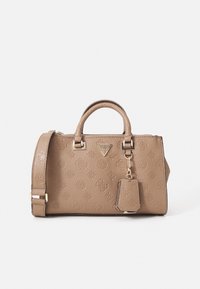 Borsa a tracolla color tan con motivo in rilievo, finiture in oro, doppio manico e etichetta portachiavi rimovibile. Materiale in pelle sintetica testurizzata.