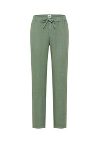 Green linen pants with a drawstring waist, tapered legs, and subtle texture. Features side pockets and stitched seams.