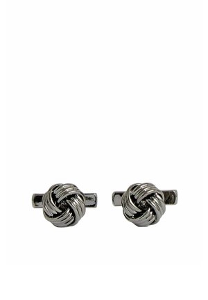 Manschettenknöpfe in Silberoptik mit einem Knotendesign und verdrehter Metallstruktur. Jeder Manschettenknopf verfügt über einen zylindrischen Stift zum Befestigen.