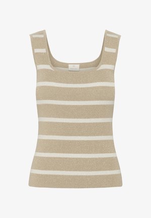 Béžový žebrovaný top bez rukávů s horizontálními bílými pruhy, čtvercovým výstřihem a širokými ramínky. Na štítku je napsáno "KAFFE." Měkká textura.